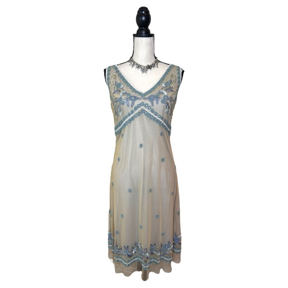 Vintage Marina Beaded Blue + Nude Midi Fairy Dress Size Large